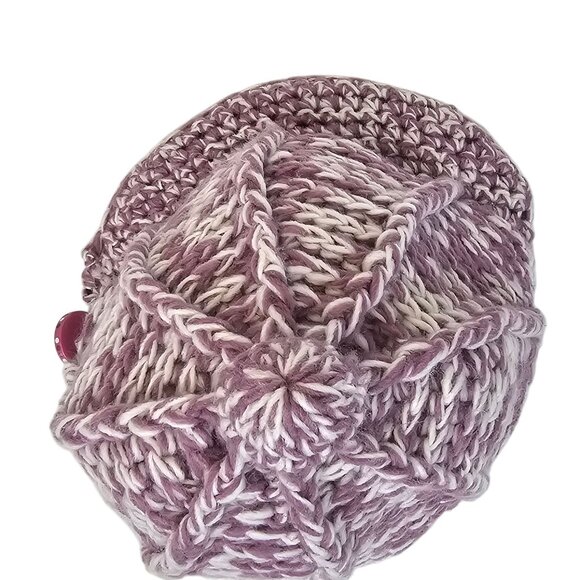 Ladies OS Fall Winter Warm Cozy Cable Knit Wool Riding Cap Purple White Pom Pom - Picture 8 of 16
